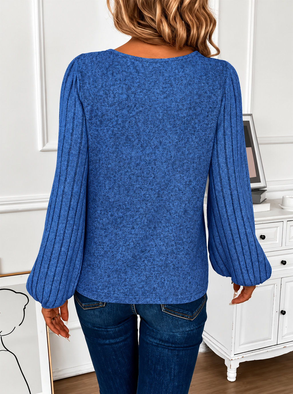 Blusa Elegante de Cuello en V con Mangas Acanaladas